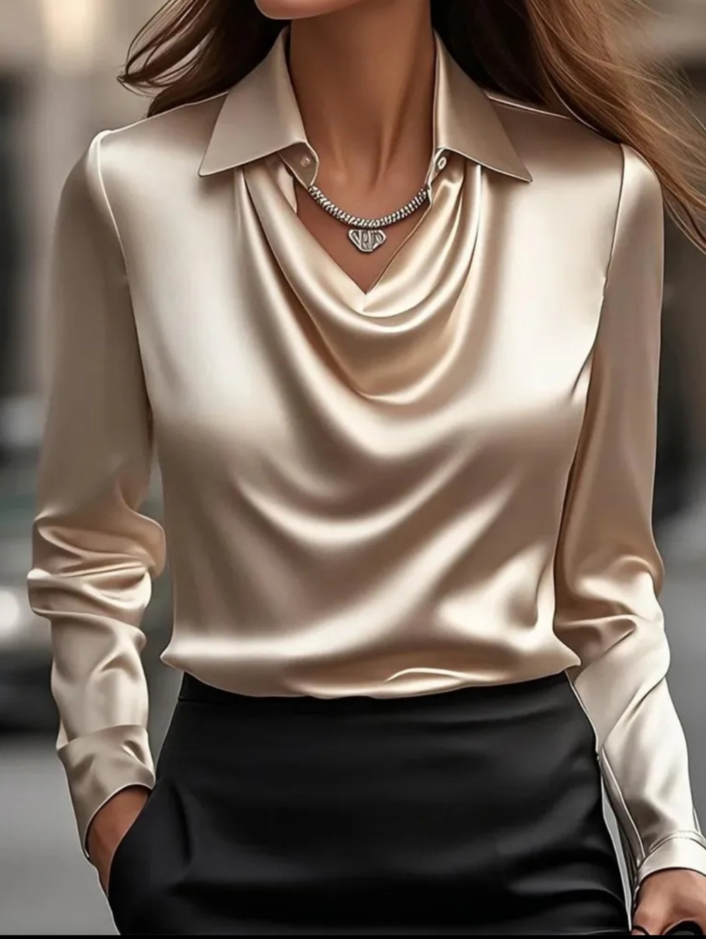 Satin Drape Collar Blouse - Cream